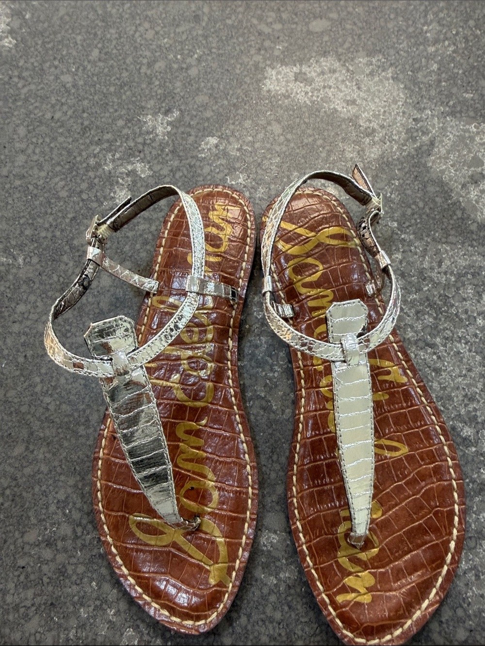 Sam Edelman Silver Croc-Embossed T-Strap Sandals